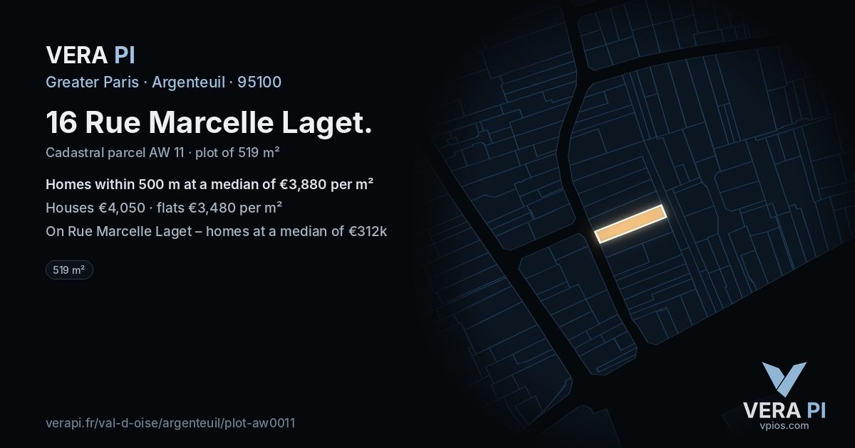 16 Rue Marcelle Laget, Argenteuil at night – the plot lit, the parcels around coloured by the prices near them