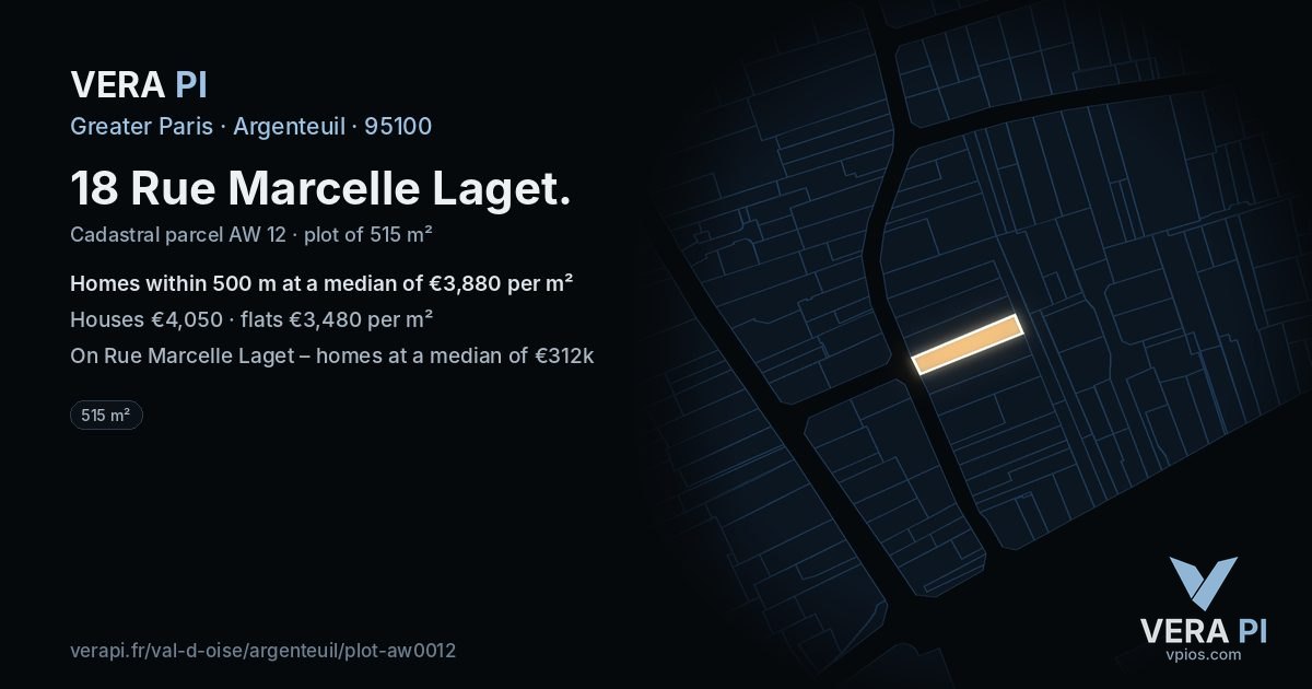 18 Rue Marcelle Laget, Argenteuil at night – the plot lit, the parcels around coloured by the prices near them