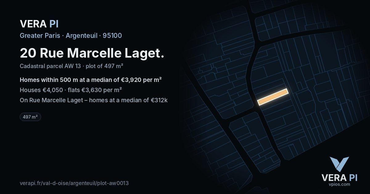 20 Rue Marcelle Laget, Argenteuil at night – the plot lit, the parcels around coloured by the prices near them