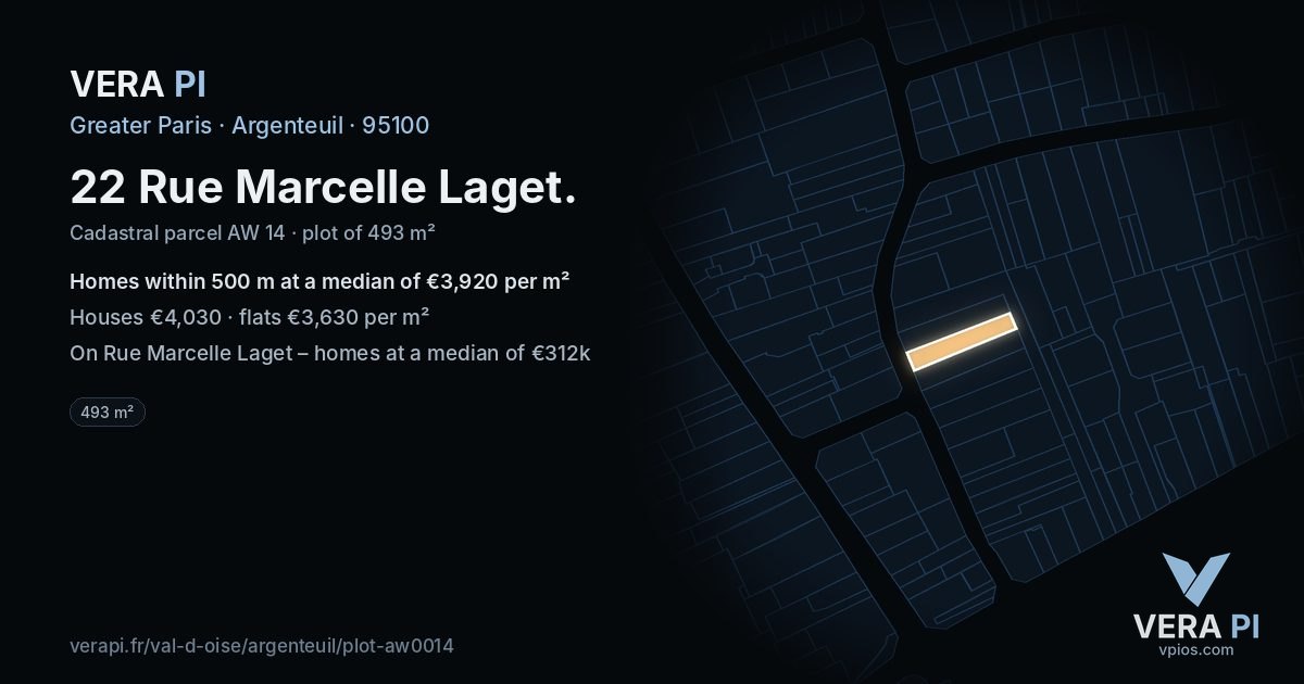 22 Rue Marcelle Laget, Argenteuil at night – the plot lit, the parcels around coloured by the prices near them