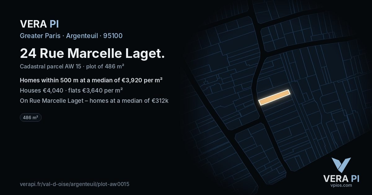 24 Rue Marcelle Laget, Argenteuil at night – the plot lit, the parcels around coloured by the prices near them