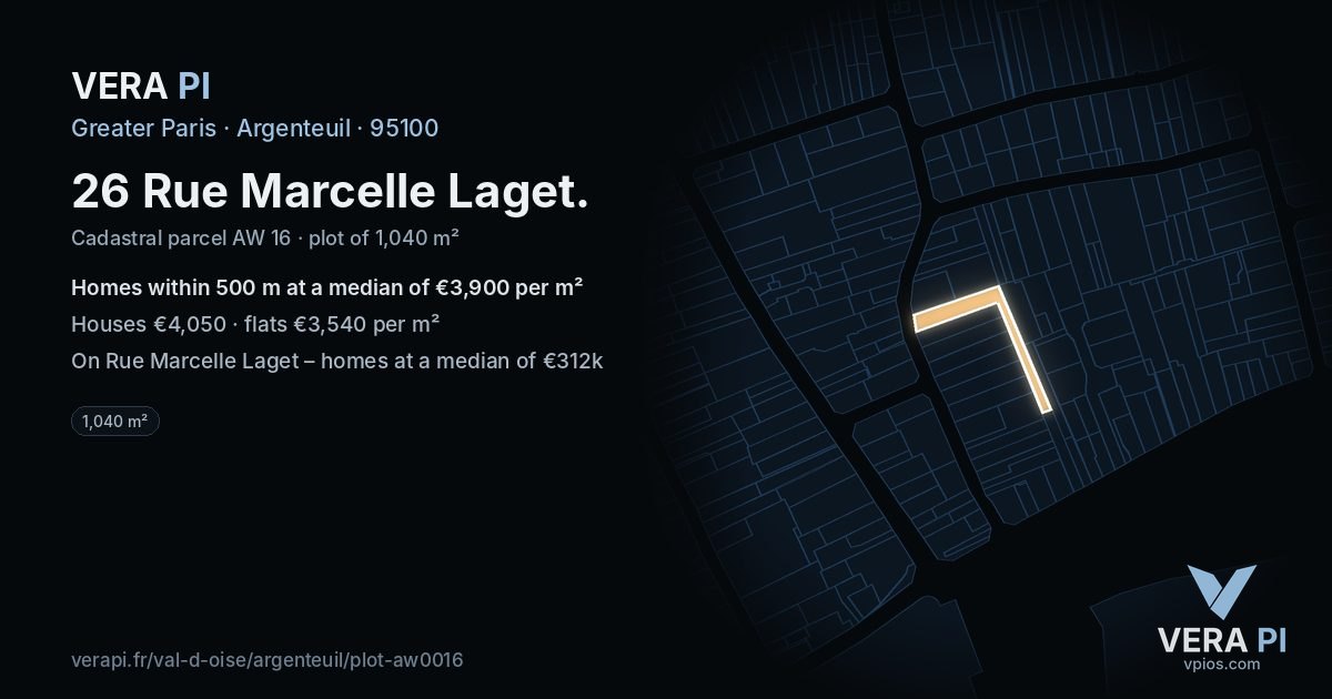 26 Rue Marcelle Laget, Argenteuil at night – the plot lit, the parcels around coloured by the prices near them