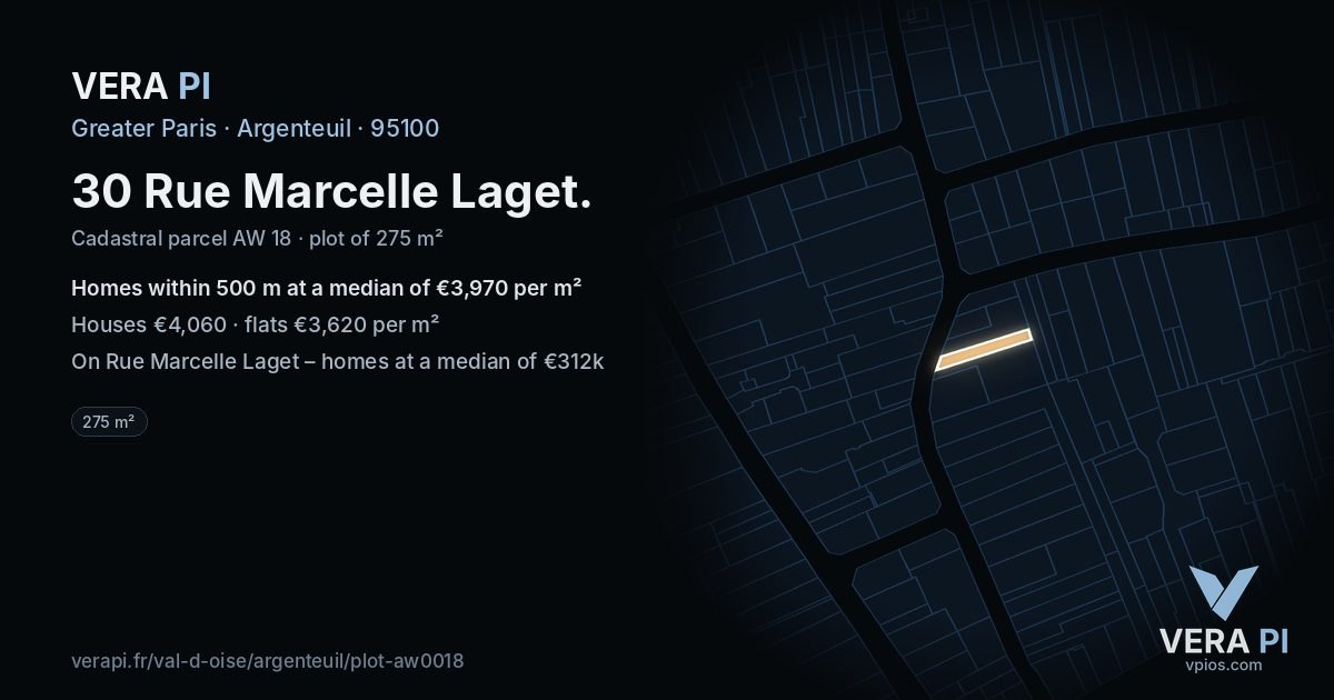 30 Rue Marcelle Laget, Argenteuil at night – the plot lit, the parcels around coloured by the prices near them