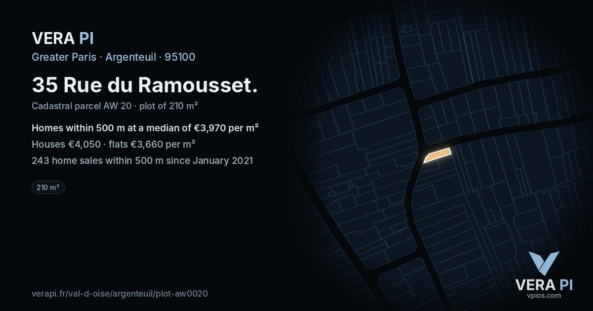 35 Rue du Ramousset, Argenteuil at night – the plot lit, the parcels around coloured by the prices near them