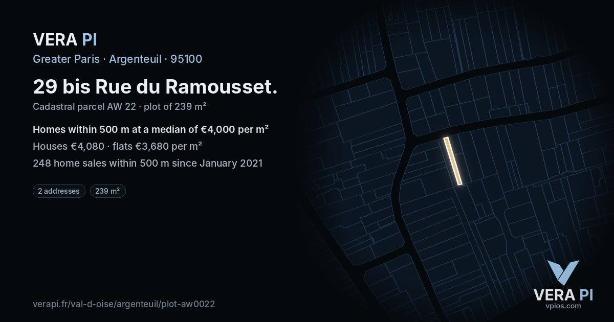 29 bis Rue du Ramousset, Argenteuil at night – the plot lit, the parcels around coloured by the prices near them