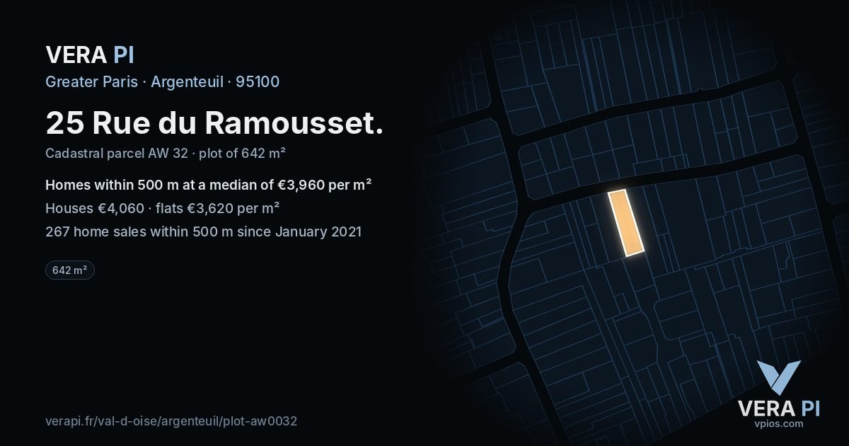 25 Rue du Ramousset, Argenteuil at night – the plot lit, the parcels around coloured by the prices near them