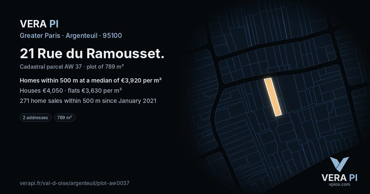 21 Rue du Ramousset, Argenteuil at night – the plot lit, the parcels around coloured by the prices near them