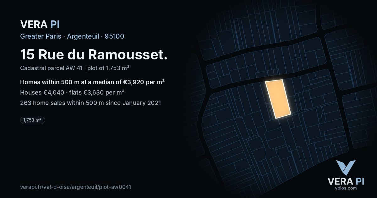 15 Rue du Ramousset, Argenteuil at night – the plot lit, the parcels around coloured by the prices near them