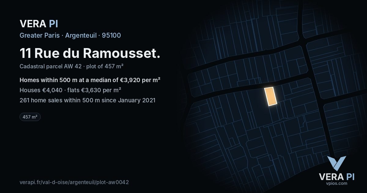 11 Rue du Ramousset, Argenteuil at night – the plot lit, the parcels around coloured by the prices near them