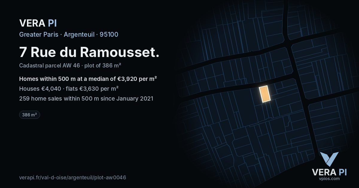 7 Rue du Ramousset, Argenteuil at night – the plot lit, the parcels around coloured by the prices near them