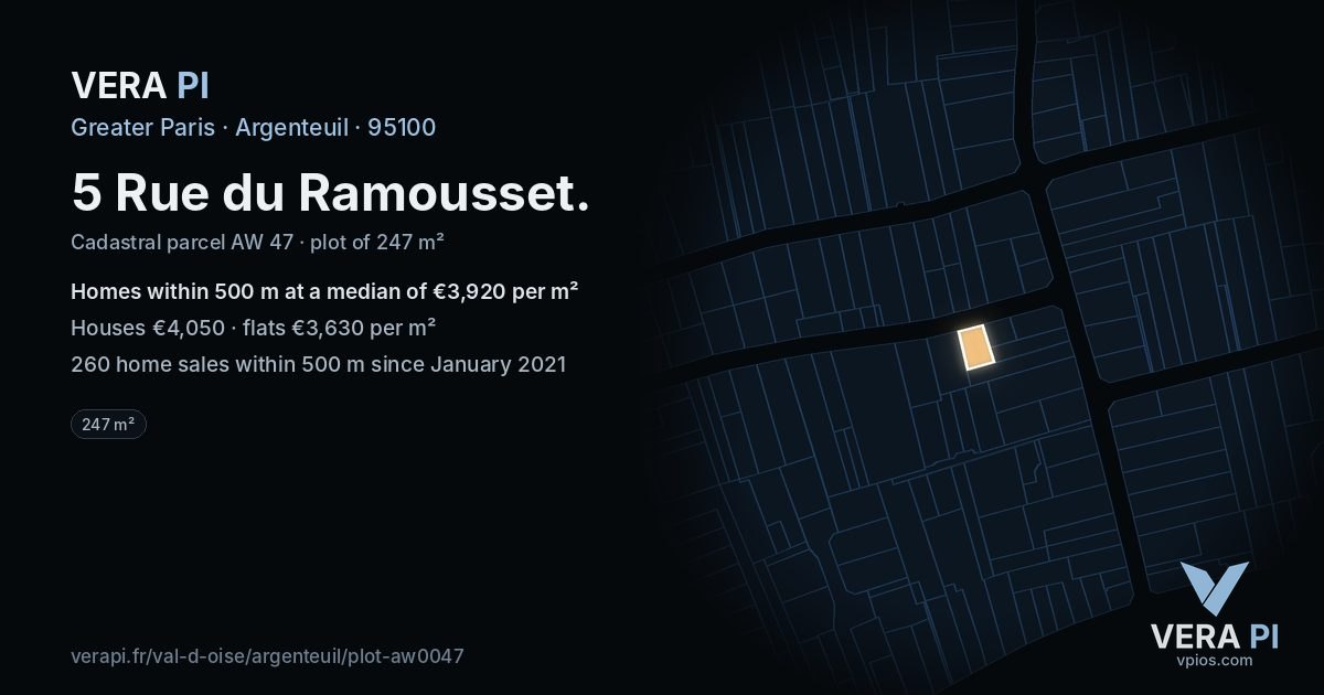 5 Rue du Ramousset, Argenteuil at night – the plot lit, the parcels around coloured by the prices near them