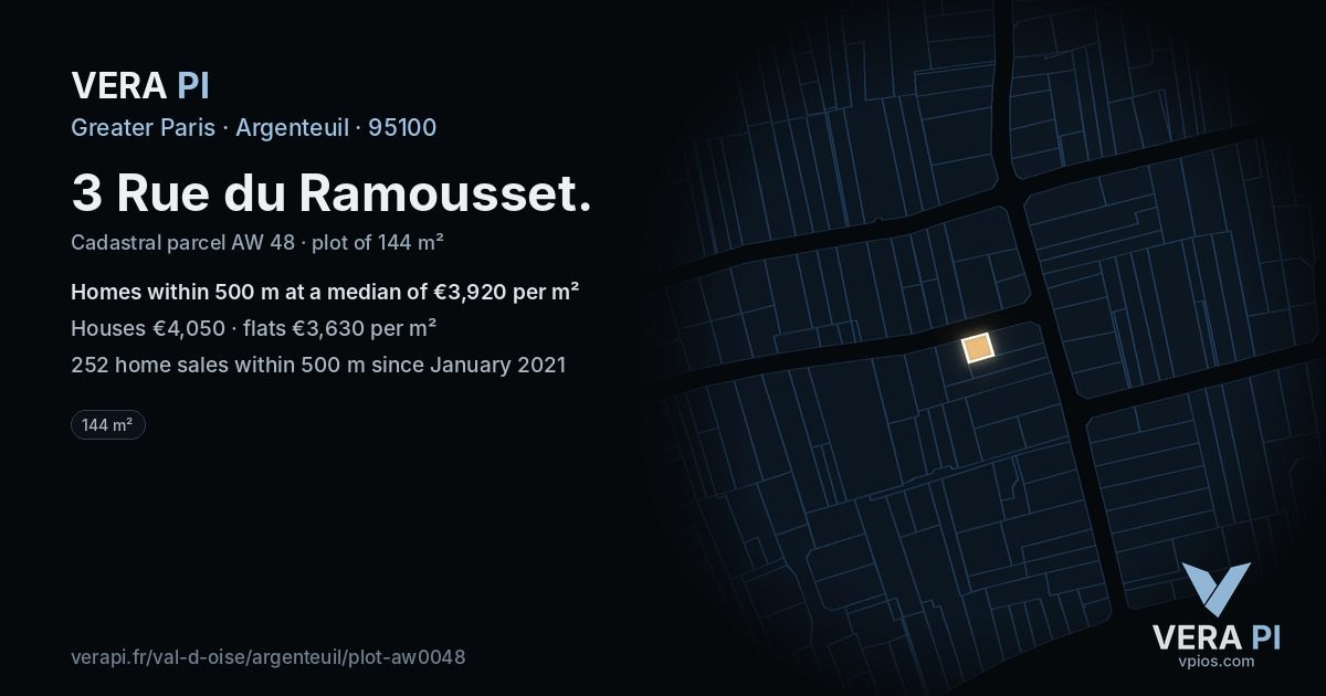 3 Rue du Ramousset, Argenteuil at night – the plot lit, the parcels around coloured by the prices near them