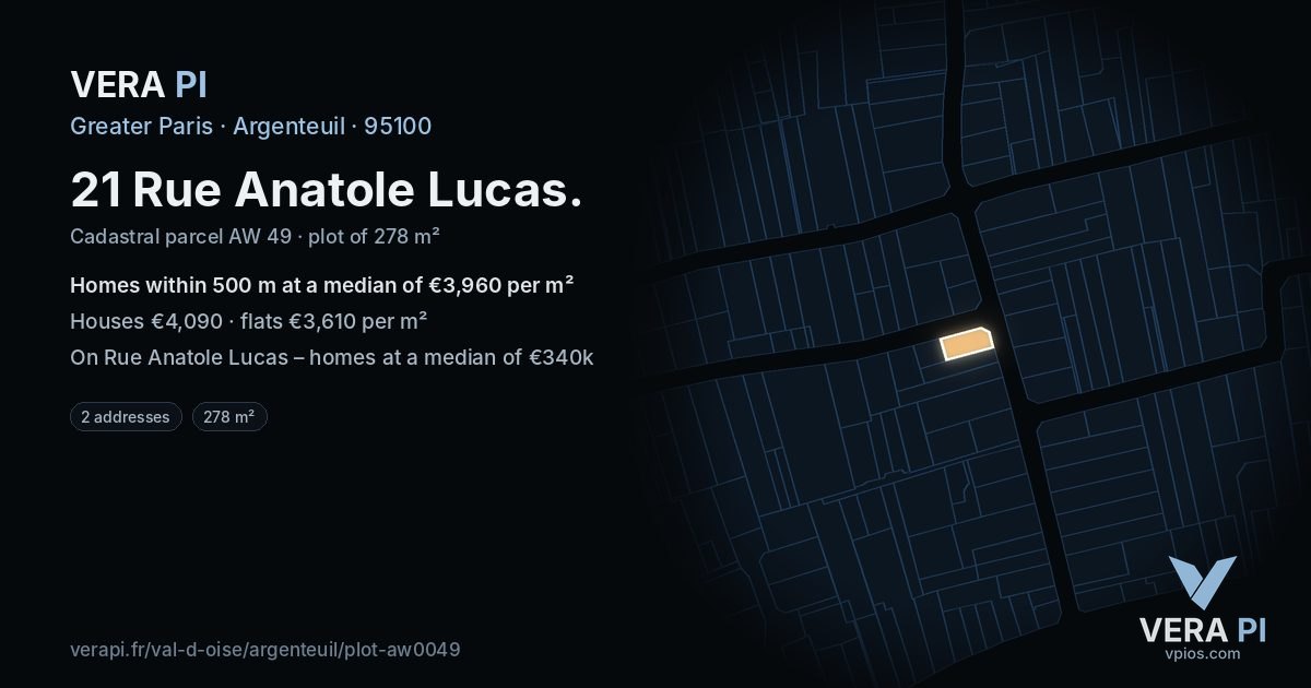 21 Rue Anatole Lucas, Argenteuil at night – the plot lit, the parcels around coloured by the prices near them