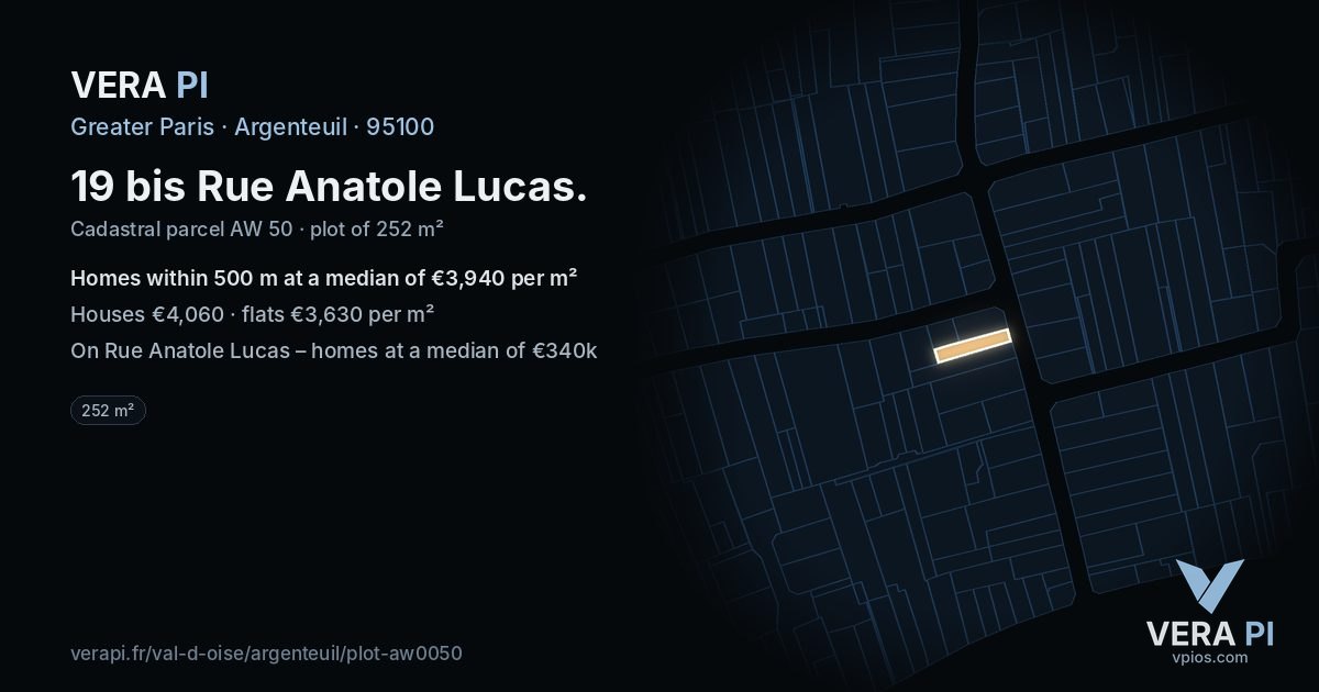 19 bis Rue Anatole Lucas, Argenteuil at night – the plot lit, the parcels around coloured by the prices near them
