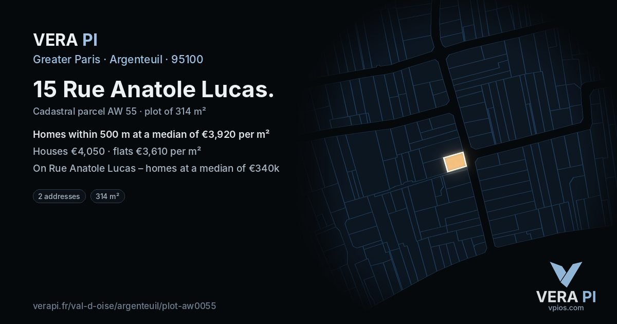 15 Rue Anatole Lucas, Argenteuil at night – the plot lit, the parcels around coloured by the prices near them