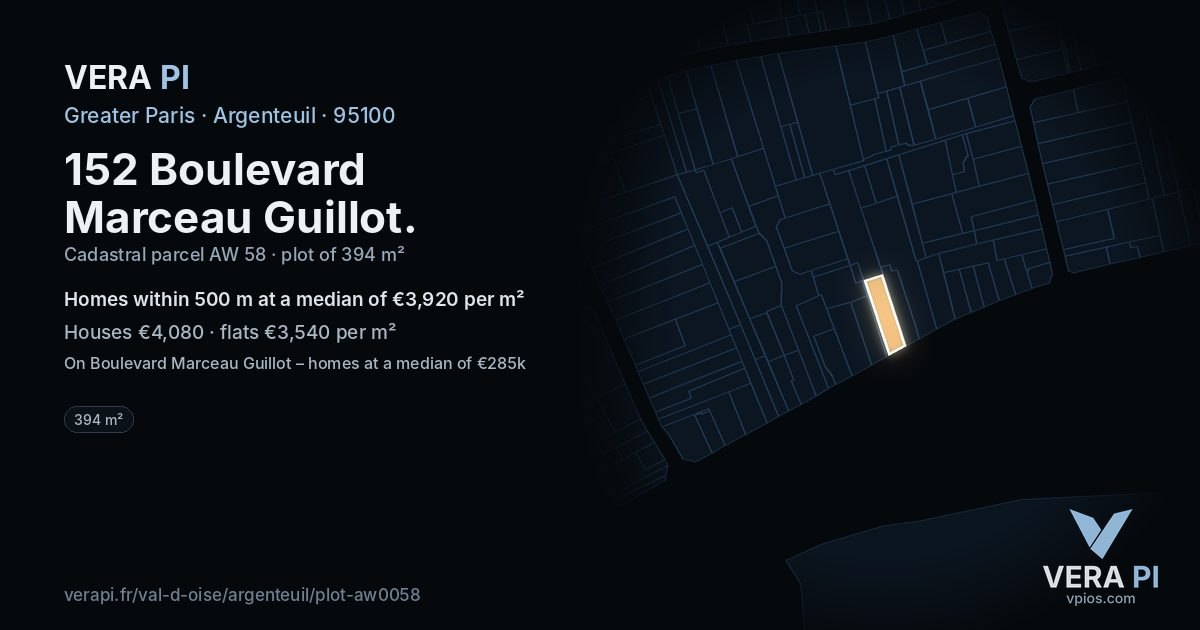 152 Boulevard Marceau Guillot, Argenteuil at night – the plot lit, the parcels around coloured by the prices near them