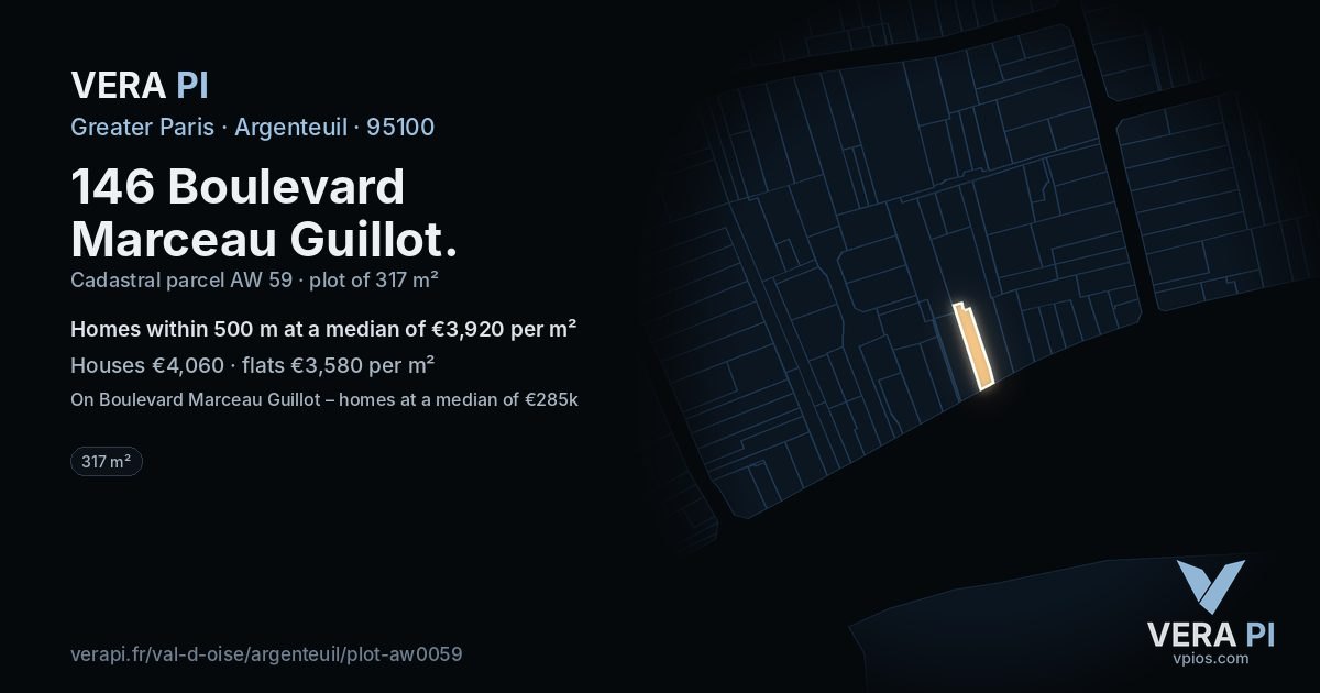 146 Boulevard Marceau Guillot, Argenteuil at night – the plot lit, the parcels around coloured by the prices near them