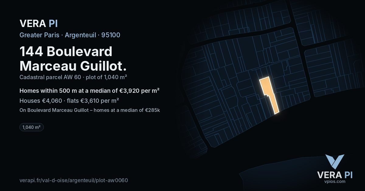 144 Boulevard Marceau Guillot, Argenteuil at night – the plot lit, the parcels around coloured by the prices near them