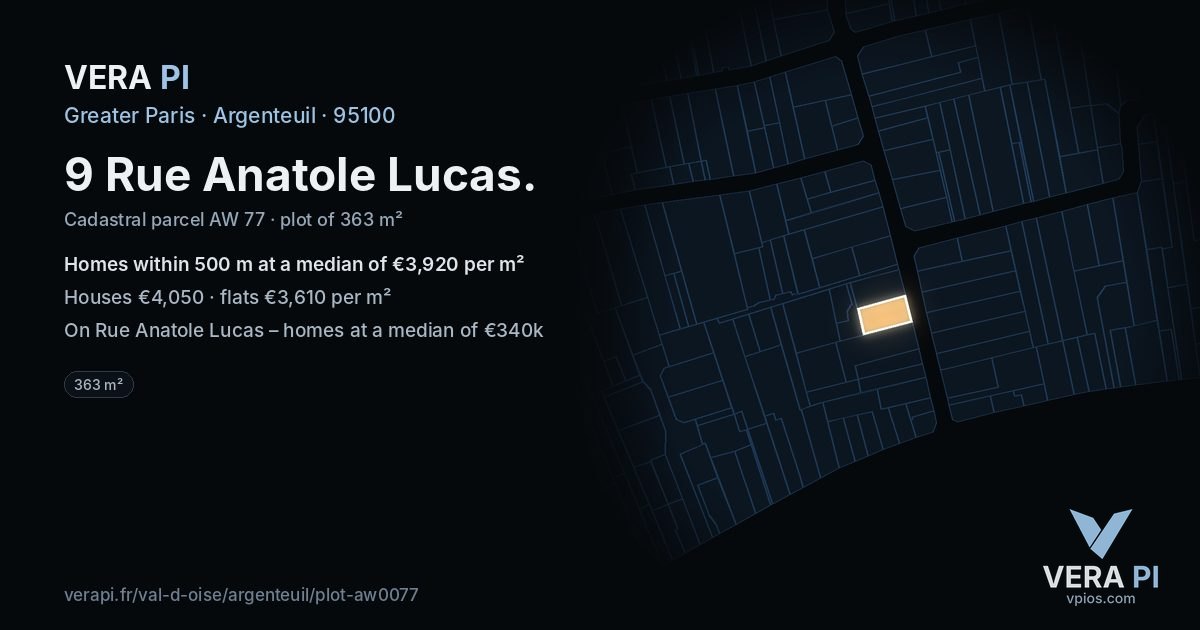 9 Rue Anatole Lucas, Argenteuil at night – the plot lit, the parcels around coloured by the prices near them