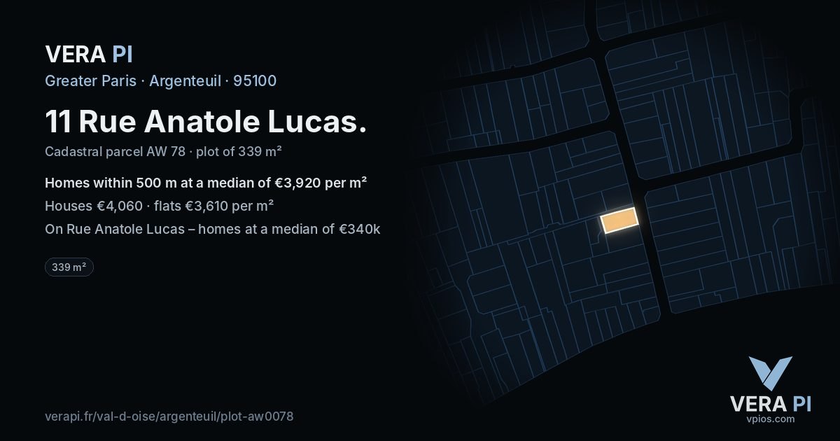 11 Rue Anatole Lucas, Argenteuil at night – the plot lit, the parcels around coloured by the prices near them