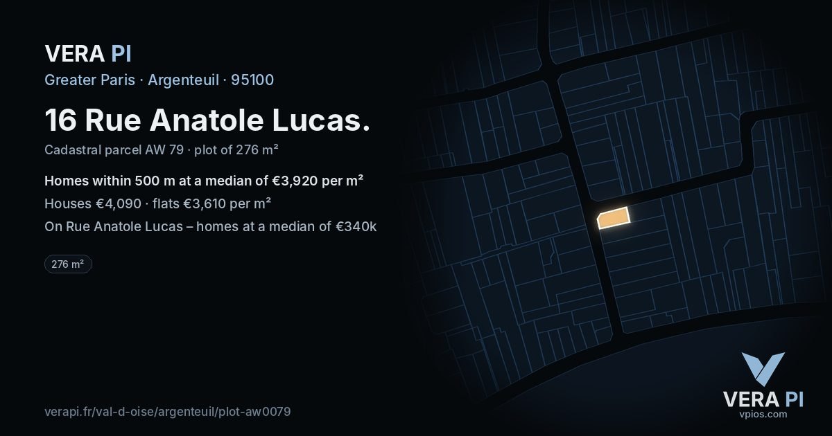 16 Rue Anatole Lucas, Argenteuil at night – the plot lit, the parcels around coloured by the prices near them