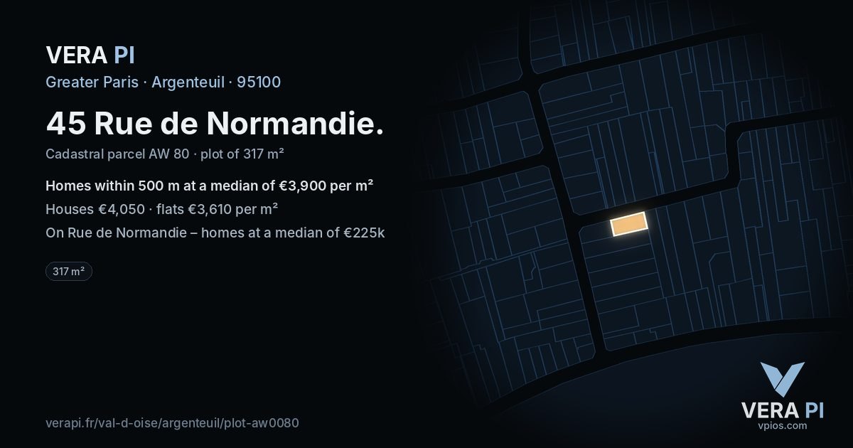 45 Rue de Normandie, Argenteuil at night – the plot lit, the parcels around coloured by the prices near them