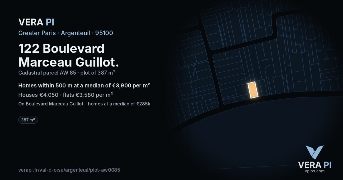 122 Boulevard Marceau Guillot, Argenteuil at night – the plot lit, the parcels around coloured by the prices near them