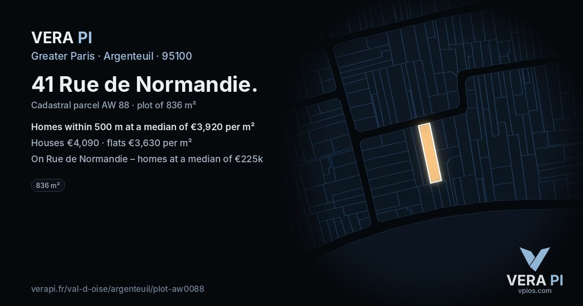 41 Rue de Normandie, Argenteuil at night – the plot lit, the parcels around coloured by the prices near them
