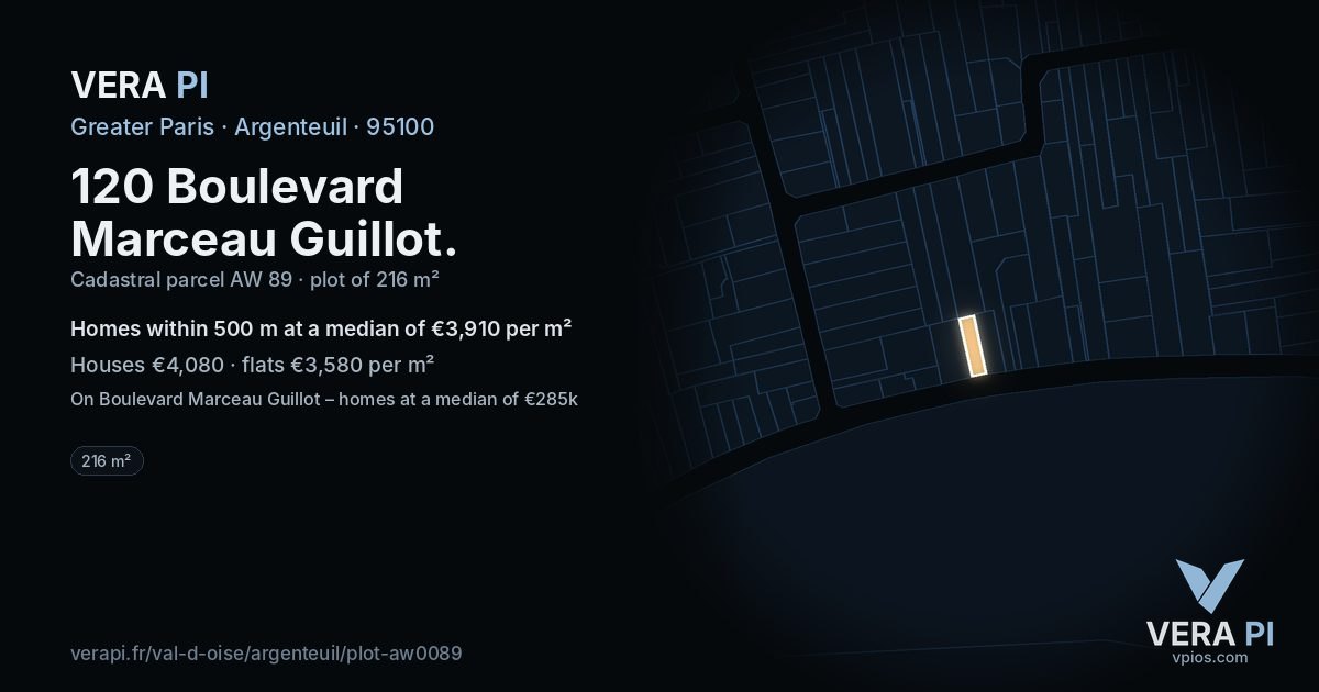 120 Boulevard Marceau Guillot, Argenteuil at night – the plot lit, the parcels around coloured by the prices near them