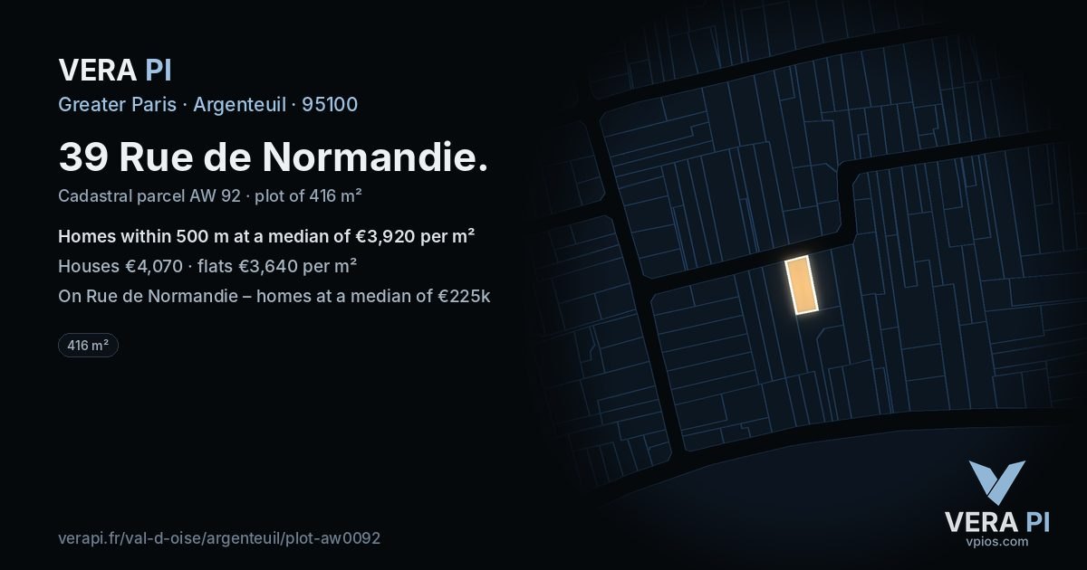 39 Rue de Normandie, Argenteuil at night – the plot lit, the parcels around coloured by the prices near them
