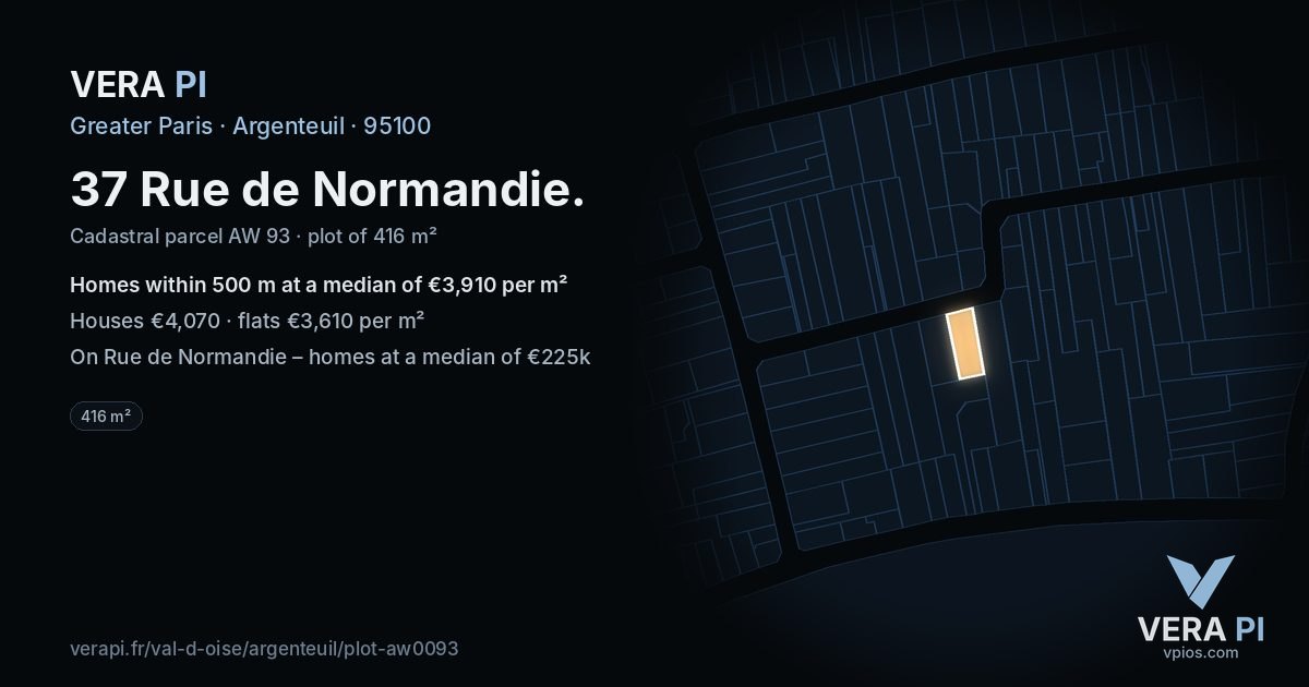 37 Rue de Normandie, Argenteuil at night – the plot lit, the parcels around coloured by the prices near them