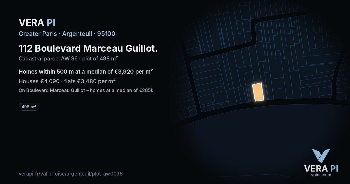 112 Boulevard Marceau Guillot, Argenteuil at night – the plot lit, the parcels around coloured by the prices near them