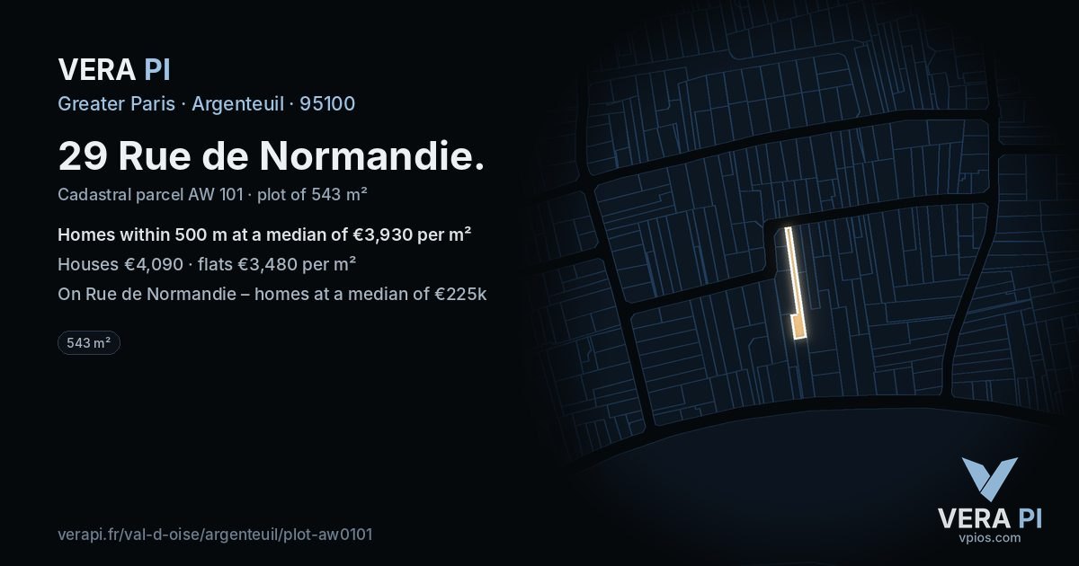 29 Rue de Normandie, Argenteuil at night – the plot lit, the parcels around coloured by the prices near them