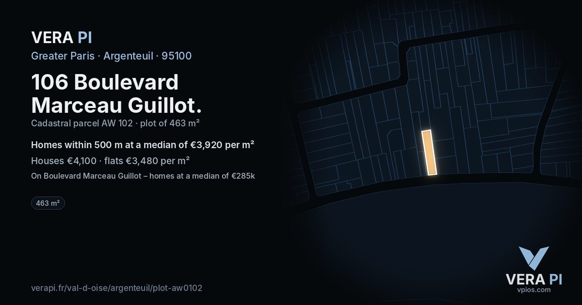 106 Boulevard Marceau Guillot, Argenteuil at night – the plot lit, the parcels around coloured by the prices near them