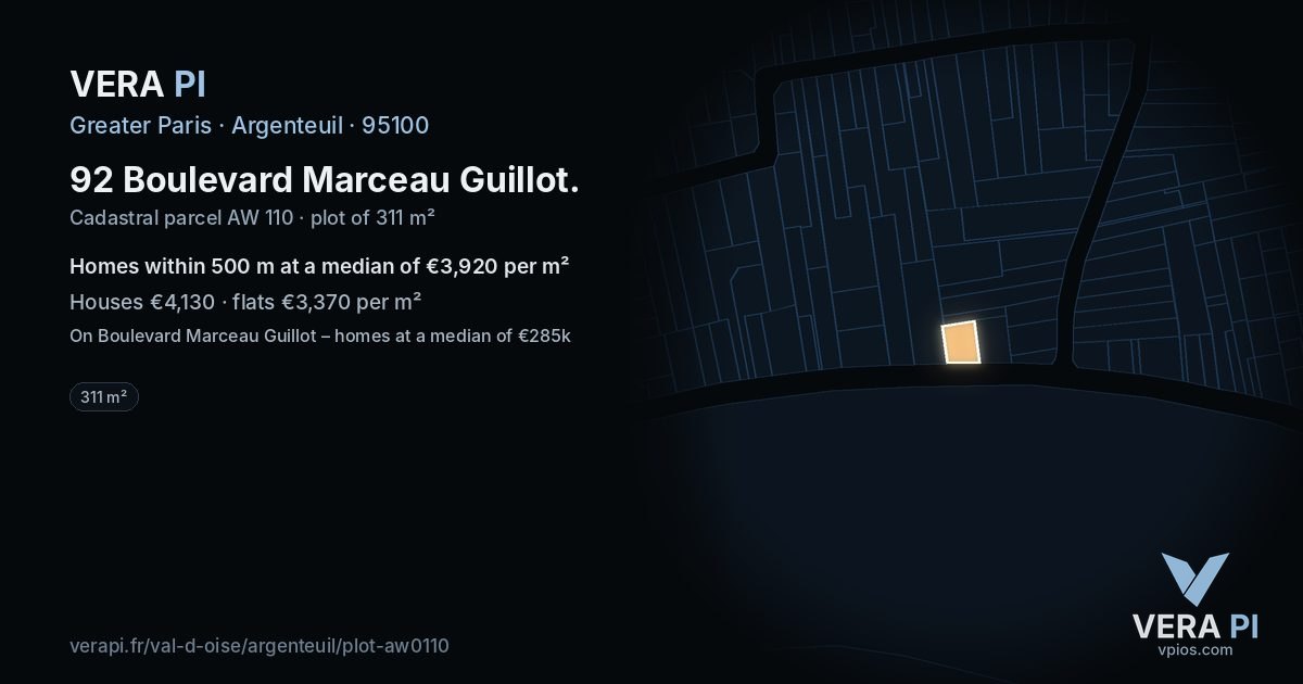 92 Boulevard Marceau Guillot, Argenteuil at night – the plot lit, the parcels around coloured by the prices near them