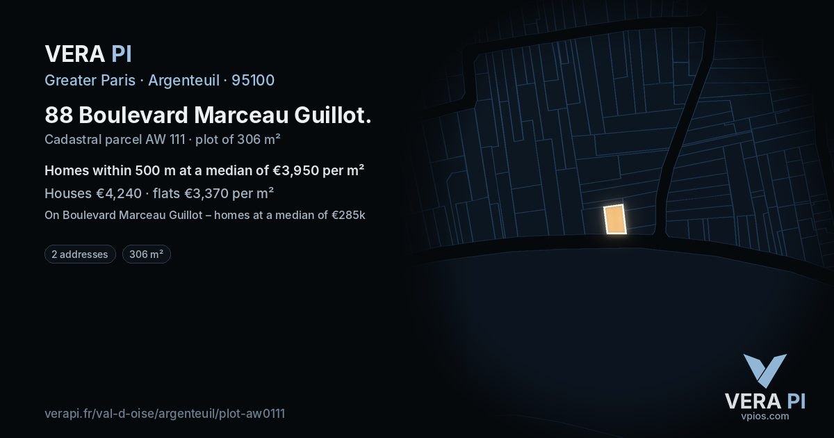 88 Boulevard Marceau Guillot, Argenteuil at night – the plot lit, the parcels around coloured by the prices near them