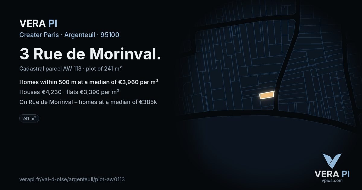 3 Rue de Morinval, Argenteuil at night – the plot lit, the parcels around coloured by the prices near them