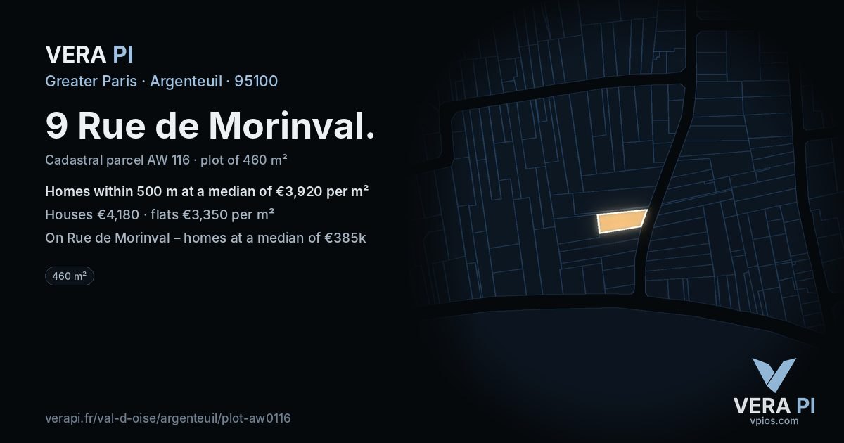 9 Rue de Morinval, Argenteuil at night – the plot lit, the parcels around coloured by the prices near them
