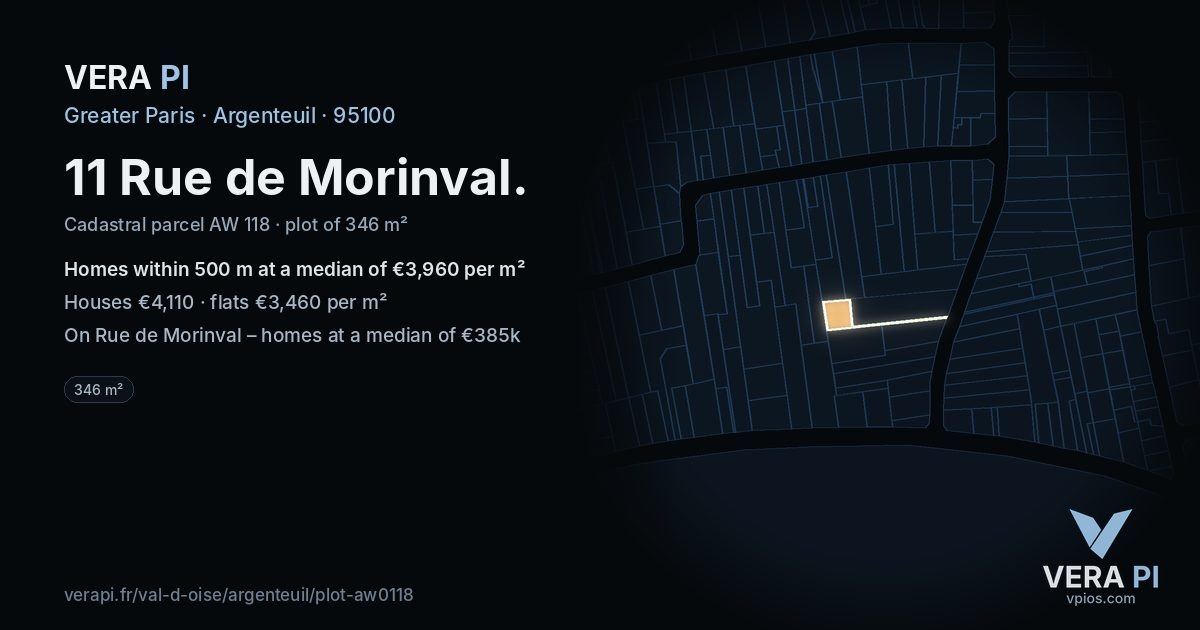 11 Rue de Morinval, Argenteuil at night – the plot lit, the parcels around coloured by the prices near them