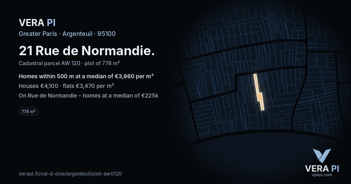 21 Rue de Normandie, Argenteuil at night – the plot lit, the parcels around coloured by the prices near them