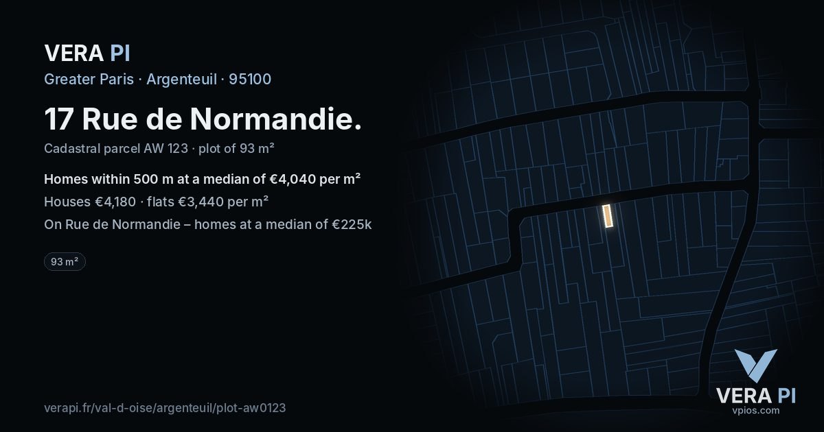 17 Rue de Normandie, Argenteuil at night – the plot lit, the parcels around coloured by the prices near them