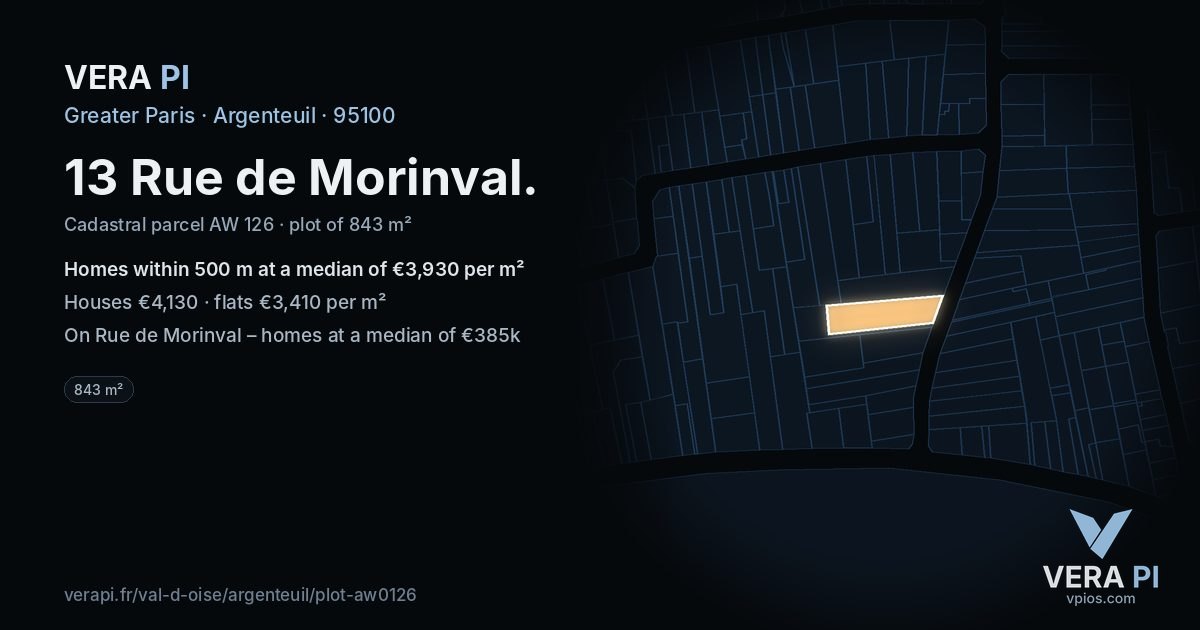 13 Rue de Morinval, Argenteuil at night – the plot lit, the parcels around coloured by the prices near them