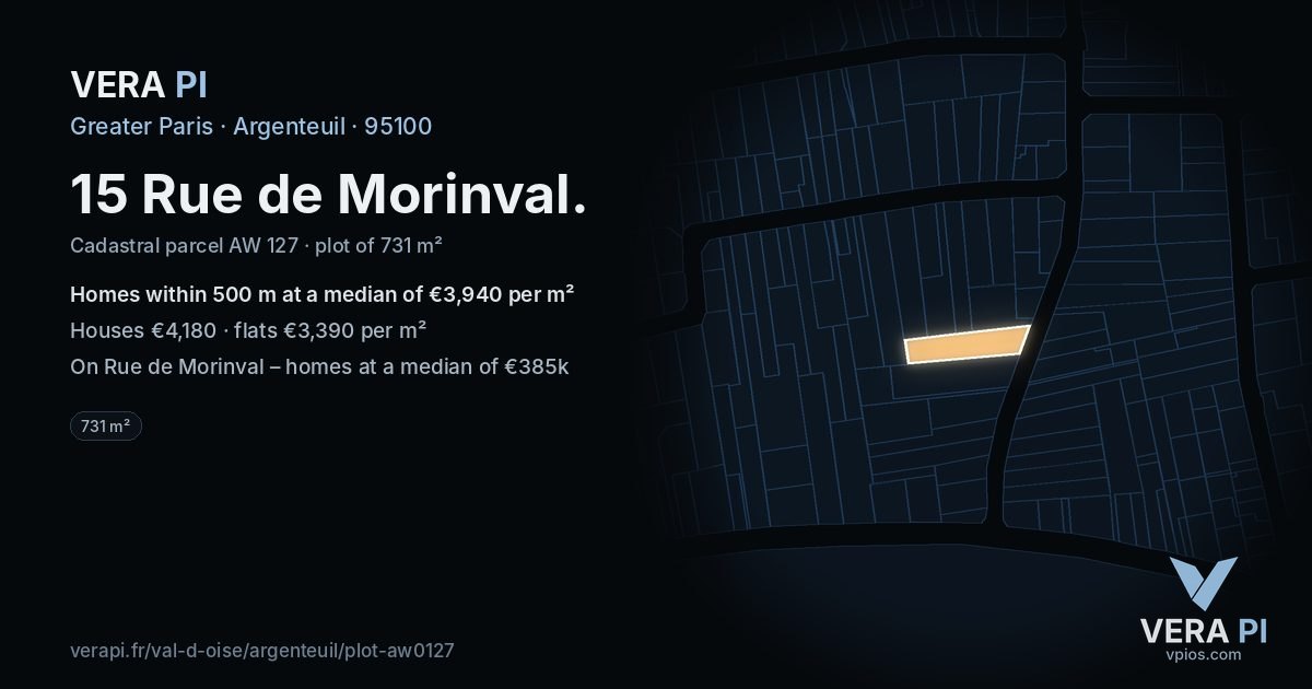15 Rue de Morinval, Argenteuil at night – the plot lit, the parcels around coloured by the prices near them