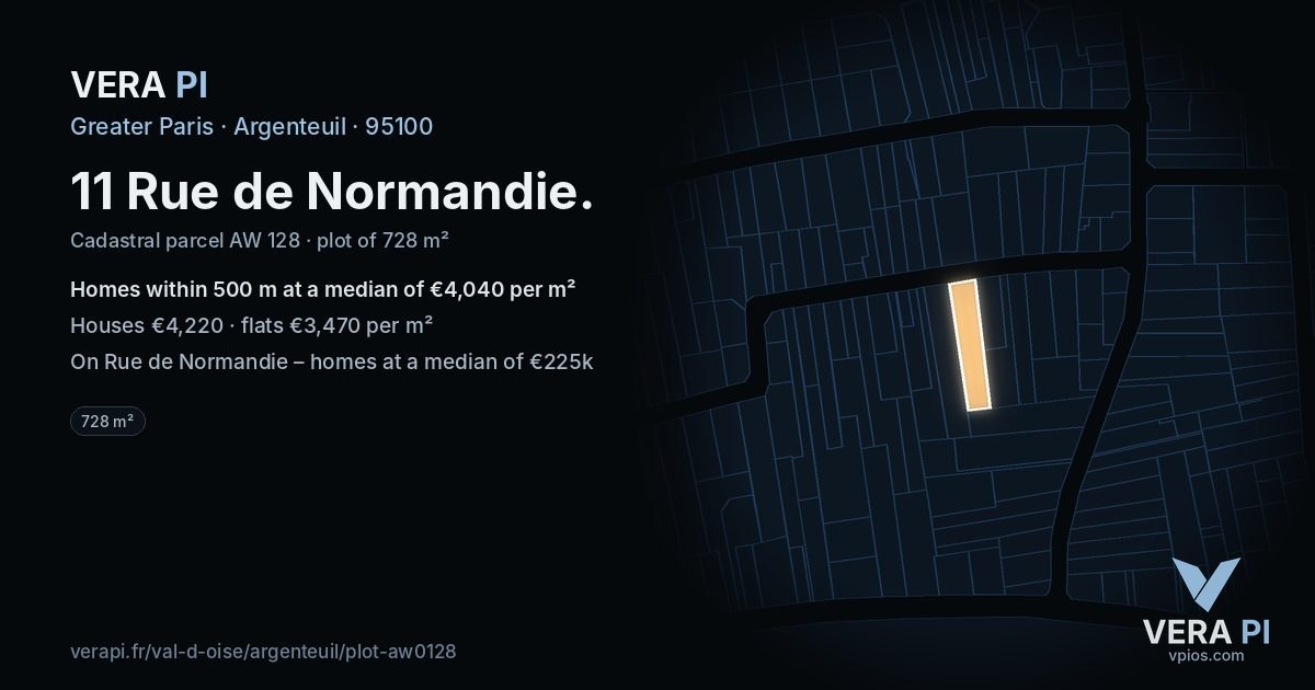 11 Rue de Normandie, Argenteuil at night – the plot lit, the parcels around coloured by the prices near them