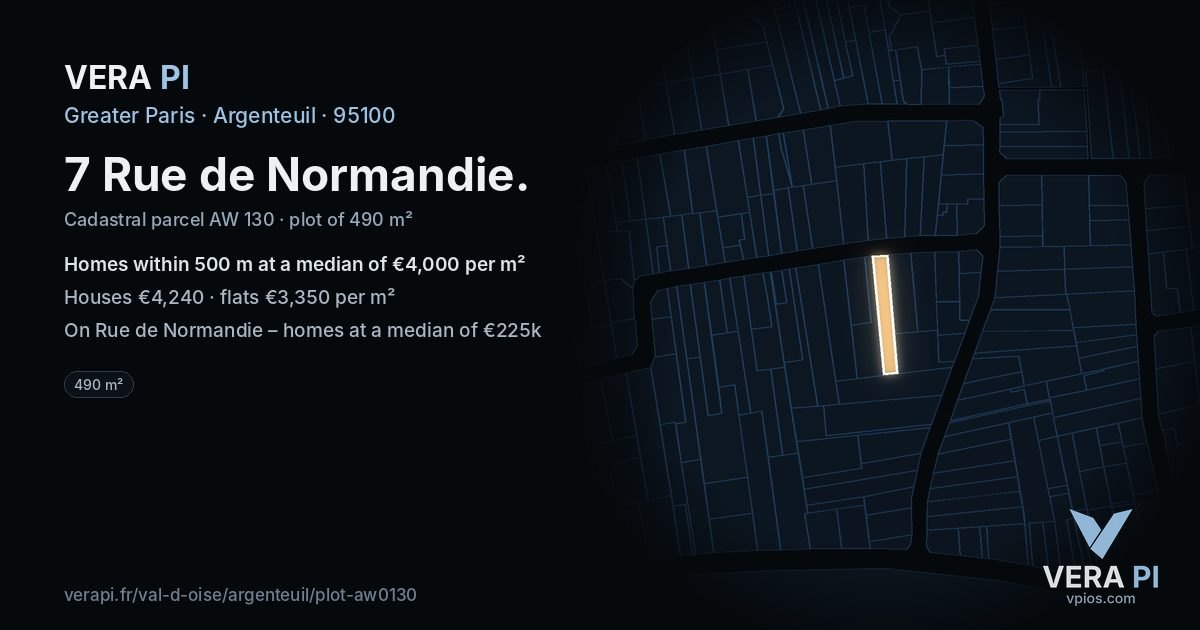 7 Rue de Normandie, Argenteuil at night – the plot lit, the parcels around coloured by the prices near them