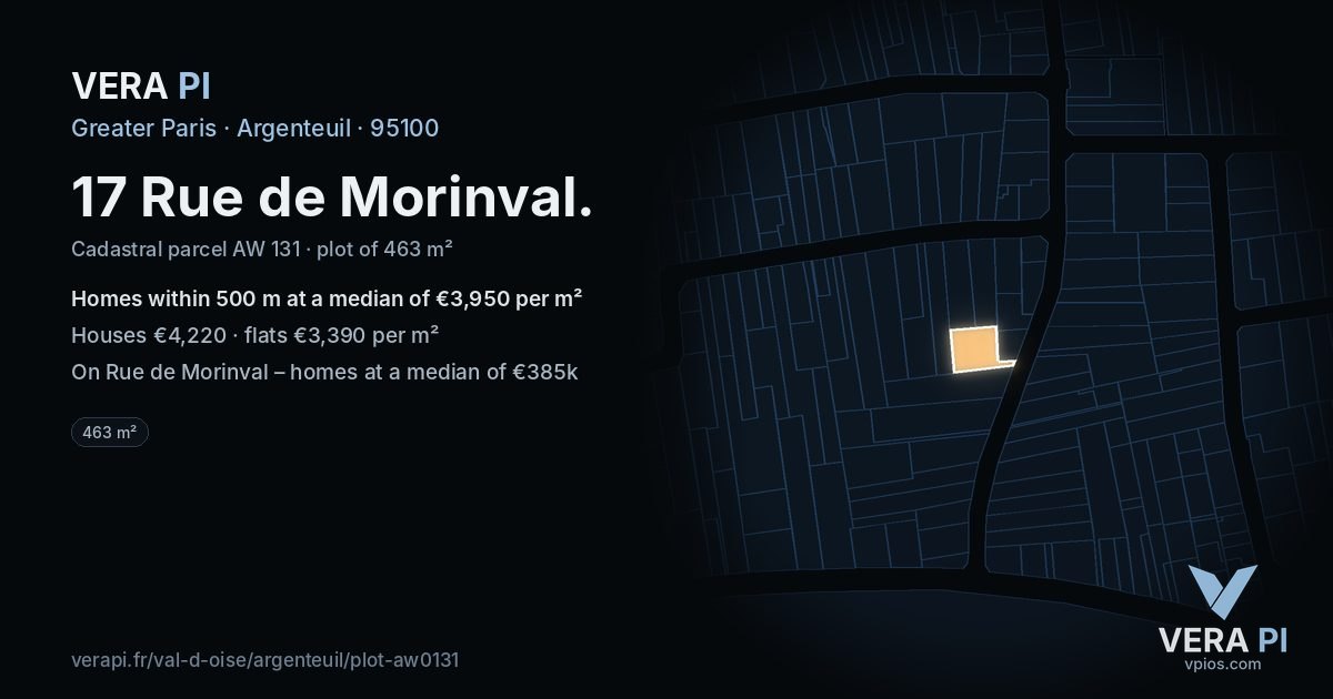 17 Rue de Morinval, Argenteuil at night – the plot lit, the parcels around coloured by the prices near them