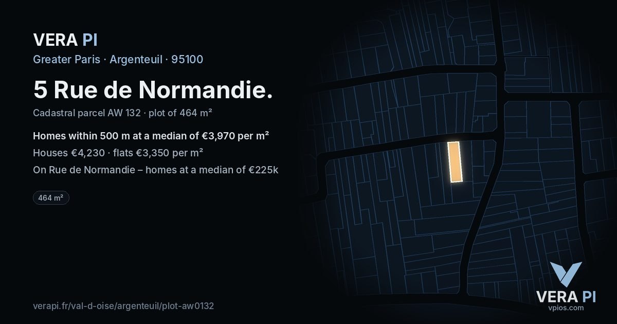 5 Rue de Normandie, Argenteuil at night – the plot lit, the parcels around coloured by the prices near them