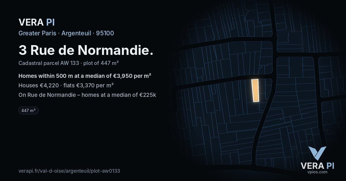 3 Rue de Normandie, Argenteuil at night – the plot lit, the parcels around coloured by the prices near them