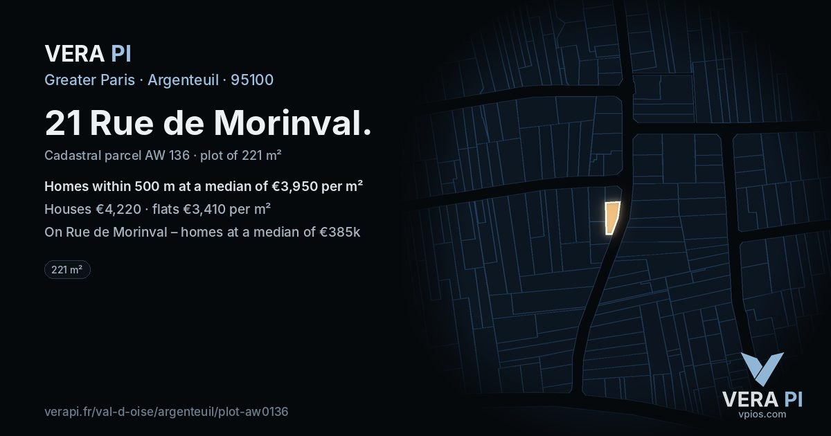 21 Rue de Morinval, Argenteuil at night – the plot lit, the parcels around coloured by the prices near them