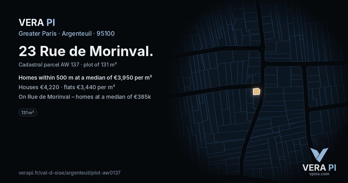 23 Rue de Morinval, Argenteuil at night – the plot lit, the parcels around coloured by the prices near them